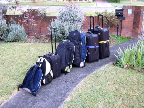 Our bags waiting for the airport shuttle pickup.